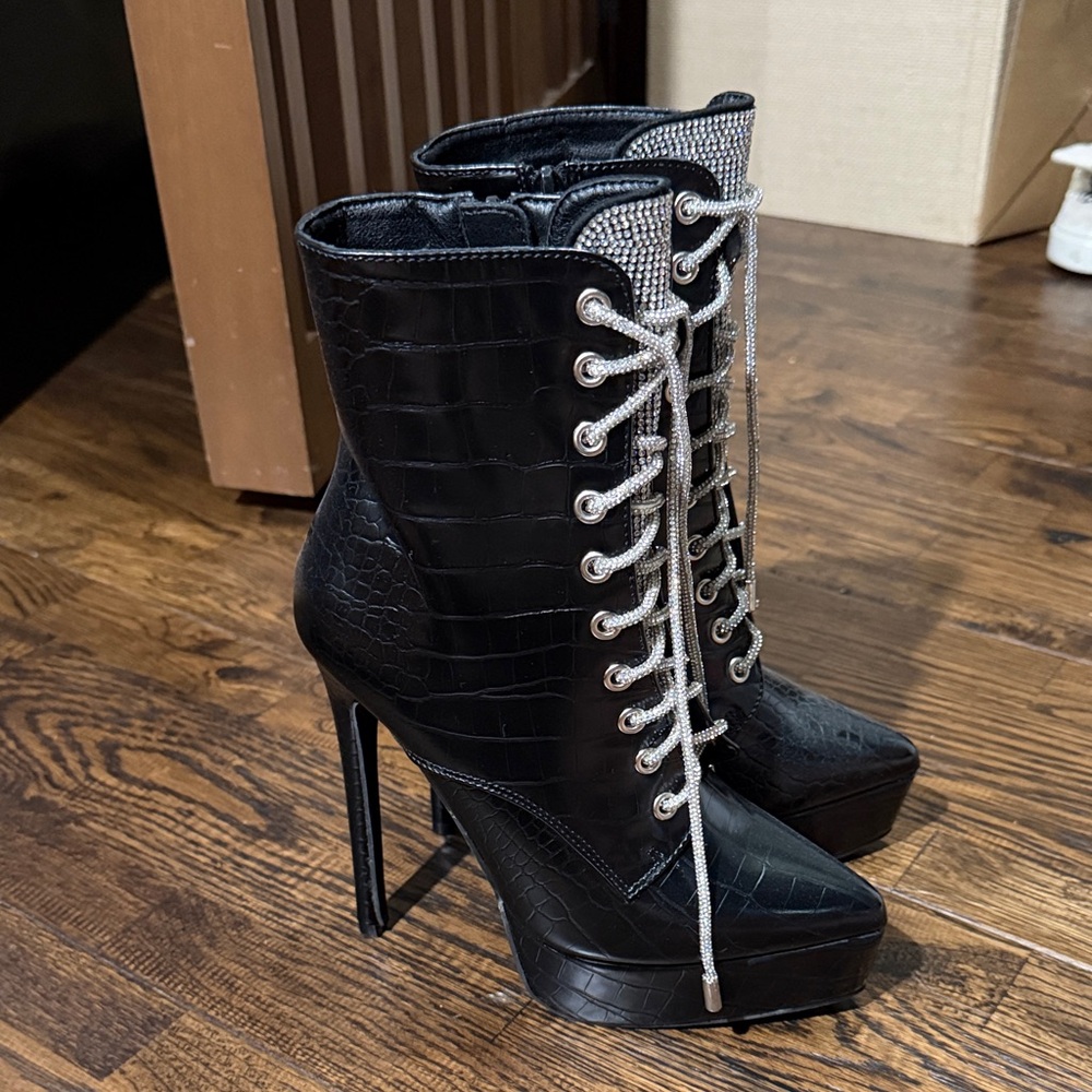Black Croc-Embossed Lace-Up High Heel Boots